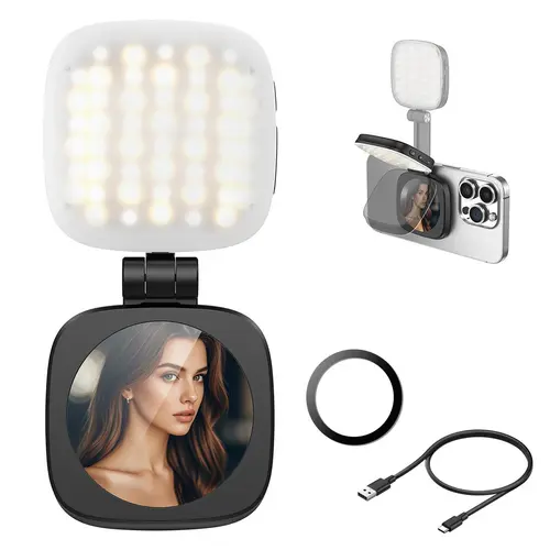Foldable Magnetic LED Fill Light - 360° Rotatable, MagSafe-Compatible for iPhone, 1.5h Max Brightness, Hands-Free Selfie Setup, Phone Stand, Mirrors, Metal Ring, Includes Sticker