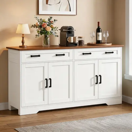 Fabiula Farmhouse Buffet Cupboard - Durable Wood Freestanding Cabinet, Multifunctional Storage Cabinet with 4 Barn Door Charm, Drawers, Adjustable Storage, Metal Handles, Easy Grip, Hallway & Kitchen Accent Furniture