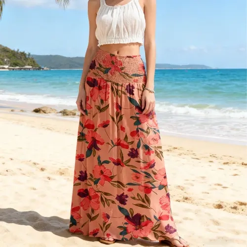 Womens Maxi Skirt High Waist Smocked Boho Flowy Print Casual Beach Long Skirts Summer Loose Breathable Womenswear Bottom Garment Summer Outfits campingessentials