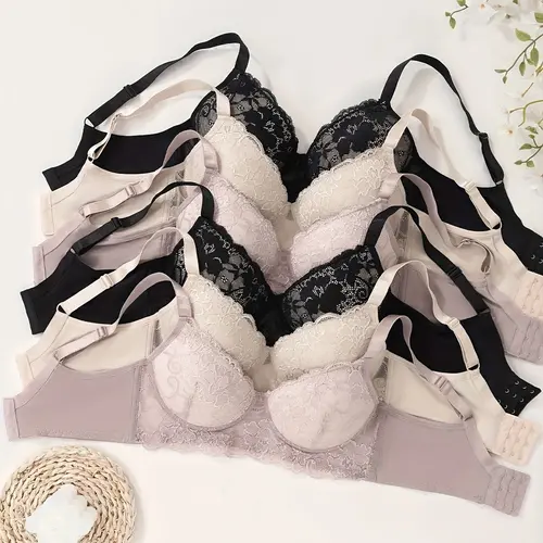 6pcs Elegant Women'S Lace Bra Set - Comfortable & Breathable, Non-Removable Padding, Underwire Design, Available in Multiple Colors, Perfect for Daily & Sportswear, Daily Comfort Bra|Elegant Lace Bra|Breathable Fabric
