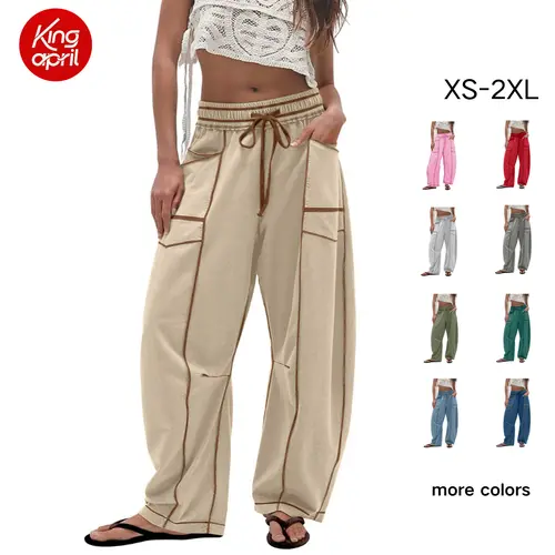 Kingapril Women's Cotton Fabric High-Waisted Barrel Sweatpants - Drawstring Wide-Leg Bottoms, Chic Comfy Athletic Lounge Pants for Summer, Back to School