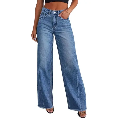 PrettyGarden Womens Wide Leg Jeans Trendy  Classic High Waisted Stretchy Baggy Raw Hem Denim Palazzo Pants with Pockets, Minimalist Streetwear Basic Trousers Wideleg Womenswear