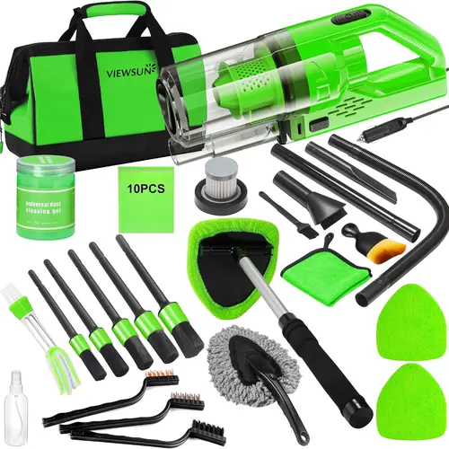 Viewsun 30pcs Portable Car Interior Care Cleaning Kit - 8000pa Vacuum, 180° Swiveled Triangular Head 180° Window Reach Windshield Cleaner, 3 Wire Brush Styles, Cleaning Gel, Accessories (Ideal for Birthday, Graduation Gifts, Bag Storage)