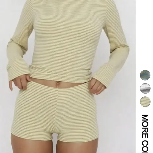 Women's Casual Striped Knitted Fabric Long Sleeve Top and Shorts Set, Fitted Regular Length, All Seasons, Plain Pattern, 2 Piece Outfit, Womenswear Clothes #GLOBAL PICKS