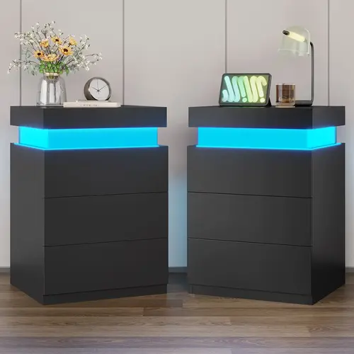 SIKAIC 2PCS Modern Wood Nightstands - Bedside Cabinet, Modern Wood Table, Side Storage Bedroom Furniture with Sliding Drawer, Sliding Top, App-Controlled LED, Charging Station, 2 USB Ports, Apartment Furniture, Assembly Required