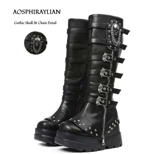 AOSPHIRAYLIAN Women's Black Chunky Heel Gothic Knee-High Punk Boots - Wide Foot Friendly, US6-12, Studded Spike, Round Toe, Skull Chain Buckle, Back Zipper, Thick Sole Footwear, Alt Girls Alternative Baddie Outfits Black Chunky Brat Style Vibe Shoes