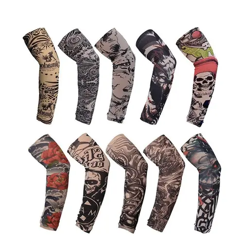 Unisex M Size 10-Pairs Tattoo Pattern Cooling Ice Silk Breathable Upper Arm Fitness Protective Sleeves & Packs, UV Protection for Cycling, Outdoor Skin Support