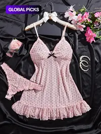 Women's Sexy Elegant Pajama Set, Sleeveless, Polka Dot Ruffled Hem, Lightweight Knit Fabric, Semi-Transparent, Romantic Gift