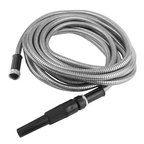 findmall Heavy Duty Stainless Steel Garden Water Hose - 25/50/75/100FT, 0.55in, 500psi Burst, High Performance, Leak-Resistant, Durable, Lightweight Flexible Metal Hose with Adjustable Dual Spray Nozzle, Memoryless Steady Flow, Kink-Free Flow, Outdoor Use