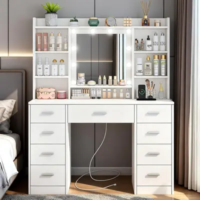 Fabiula Large Lighted Makeup Vanity Table - Modern White Waterproof Engineered Wood Vanity Desk with Mirror, 9 Drawers, Storage Shelves, Power Outlet for Bedroom Indoor Furniture