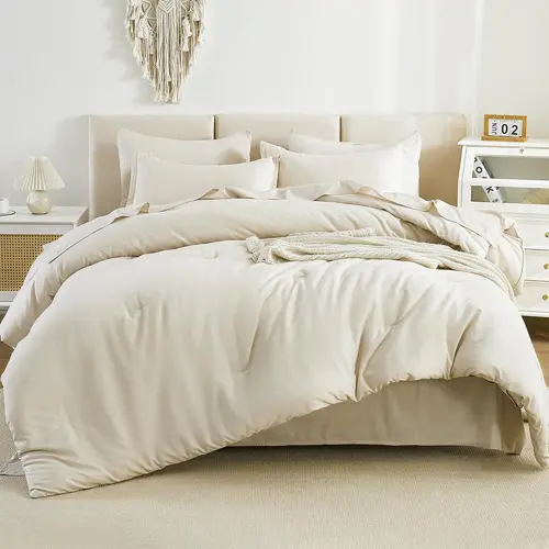 【Deals For You Days】Litanika 7-Pieces Microfiber Comforter Set with Sheets, Cozy Solid All-Season Bedding Set with 1 Comforter, 1 Flat Sheet, 1 Fitted Sheet 14" Deep Pocket, 2 Pillowcases & 2 Pillow Shams, Mid Year Sale