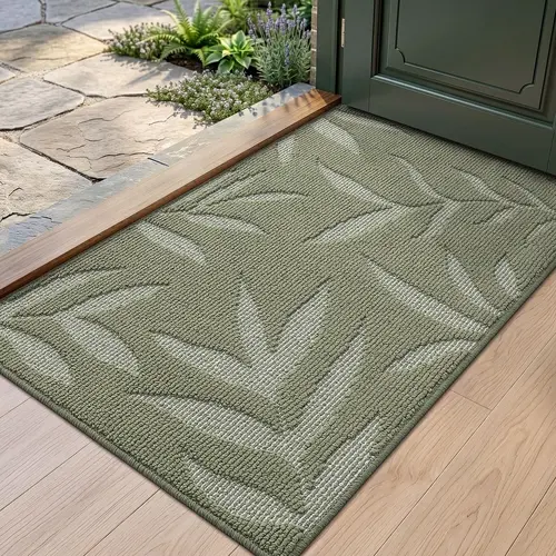 LUMI Low Profile Front Door Mat, 24"x36" Non-Slip Washable Doormat with Rubber Backing, Wrinkle Resistant Anti-Shrink Mat for Entrance, Patio (Plants Design, Green) Absorbent Indoor