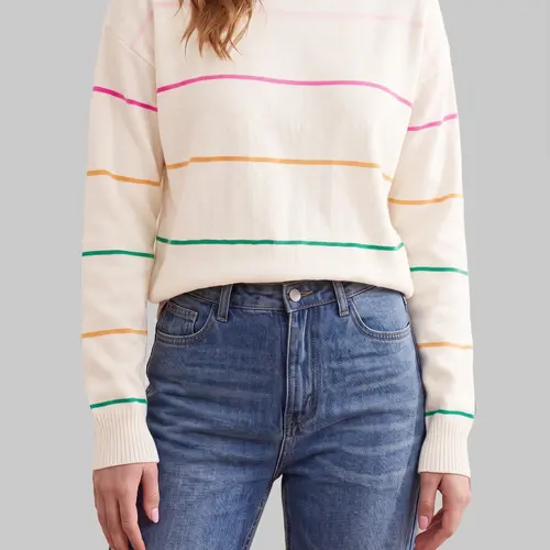 Shewin Women's Oversized Knitwear Pullover, Casual Colorful Striped Crew Neck Long Sleeve Polyester Top, Clothes for Women, Long Sleeve Tops, Sweatshirts, Cold Wash, Back to School Outfits