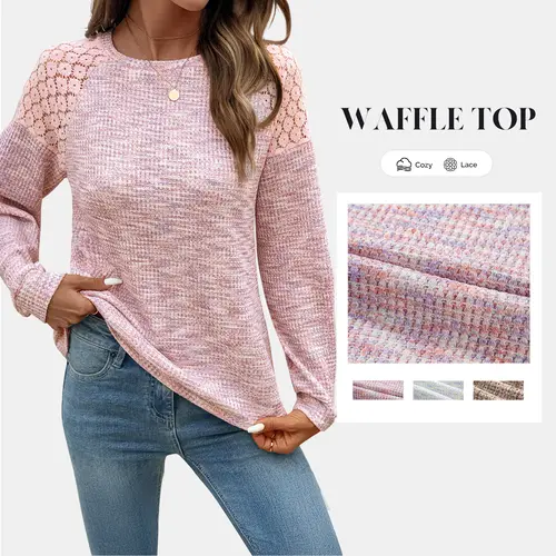 Shewin Women's Basic Chic Feminine Minimalist Casual Knitwear Pullover - Polyester-Elastane Waffle Knit Fabric, Long Lace Trim Sleeves, Relaxed Cut Soft Stretch Blend, Everyday Wear with Jeans, Home & Café Use