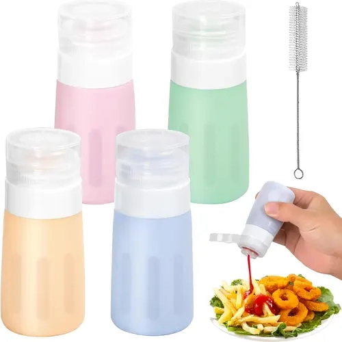 MECHEER 4Pcs Mini Condiment Squeeze Bottles 2 Oz for Kitchen Sauces Salad Dressing Container Utensils Portable Travel Size Silicone Bottles with Lids Brush for Ketchup Hot Sauce Lunch Modern Refillable Oil Dispenser Set
