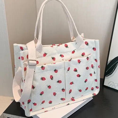 Small fresh strawberry print canvas tote bag for women, Casual Fashion bag, Casual everyday bag, daily commuter tote, Large capacity multi-pocket shoulder bag Can hold mobile phones and cosmetics for daily commuting and shopping