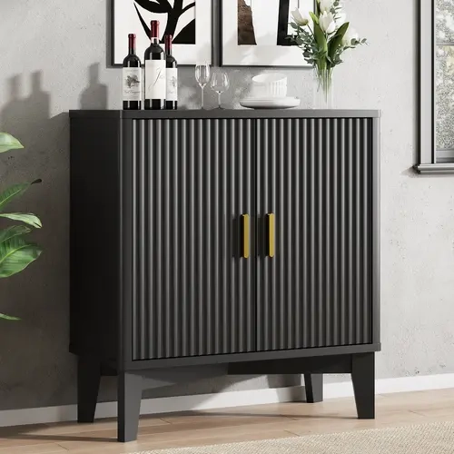 Sturdy Modern Fluted Engineered Wood Rectangular Storage Cabinet - Freestanding Waterproof Sideboard, Adjustable Shelf, Labeled Parts, Easy Assembly Required, Anti-Tip Hardware, Kitchen Furniture, Dining Room Coffee Station, Tight Space-Fitting