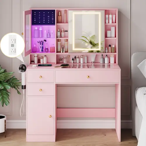 Glam Traditional Sturdy Rectangular Wood Dresser Cabinet LED Makeup Vanity Desk with Mirror, 10 LED Bulbs, 2 AC Outlets, 3 Drawers, 8 Storage Shelves, Adjustable Lighting, 15.62" x 43.30" x 55.90" - Small Space Dressing Room Organizer, Dorm Room Option