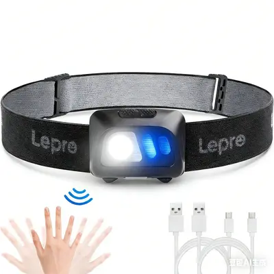 LEPRO Rechargeable LED Headlamp, USB Rechargeable Headlamp with Motion Sensor - 1500Lux Super Bright High Lumen Flashlight, Red Light for Outdoor Camping