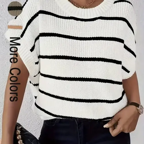 Casual Striped Pattern Crew Neck Batwing Sleeve Knit Top, Loose Fit Sweater for Spring and Fall, Comfortable Women's Fashion Knitwear