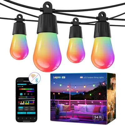 LEPRO AI Smart Outdoor Connectable String Lights, 54ft (42+12) RGB Colorful LED Waterproof Strip with 15 Bulbs, APP Control, 2.4GHz WiFi+Bluetooth, Alexa-Compatible, IC+Warm White, AI LLM Lighting, Backyard Decor