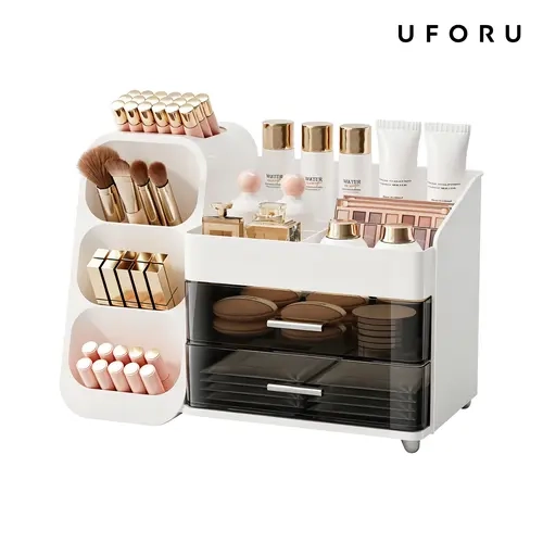 UFORU Modern Large Capacity Eco-Friendly Plastic Makeup Storage Box - Compartmentalized Bottle Holder Cosmetic Organiser for Brushes, Lipsticks, Eyebrow Pencils, Pocket Mirrors - Vanity/Bath/Desk Accessory for Home, Pink Gift Option