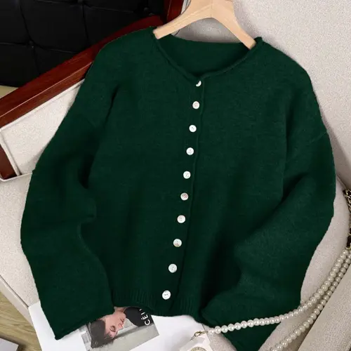 Women's Vintage Knit Cardigan with Rolled Hem, Simple Solid Color Sweater Jacket for Autumn and Winter Fashion, Stylish Casual Outerwear Knitwear