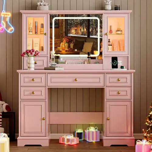 Sturdy French Country Makeup Vanity with Mirror - Durable Rectangular LED Color-Backlit Accent Light Desk, RGB Cabinets, 6 Drawers, Storage Shelves, Built-In Tray, 3 Light Modes, 50lb Capacity Large Bedroom Makeup Dresser