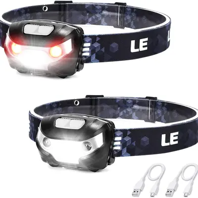 Lighting EVER Rechargeable LED Headlamp - High Brightness, 5 Modes, IPX4 Waterproof, Red LEDs, Adjustable, 500ft Beam, Hands-Free, Washable Band, USB Cable Included, Portable Compact Long Range Nighttime Flashlight Headlamp for Camping, Hiking, Nighttime,