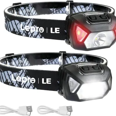 Rechargeable LED Headlamp - Super Bright Flood Light Flashlight, 6-Mode, IPX4 Waterproof High Lumen, Lightweight Comfortable Adjustable Headband, Included USB Cable, Outdoor Gadgets for Camping, Emergency Use