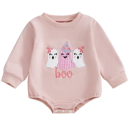 Baby Girl Clothes, Newborn Ghost-Boo Embroidery Crewneck Long-Sleeve Sweatshirt Romper for Fall Halloween