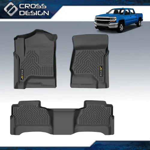 CROSSDESIGN Synthetic TPE All-Weather 3D Front and Rear Set Floor Mats - 1-Set (3pcs) Car Accessory, 14-18 Series Silverado/Sierra 1500 2500HD 3500HD Crew Cab Fit, Waterproof, Anti-Slip, Easy to Clean, Crease Recovery, Blocks Mud Dirt & Debris, Black