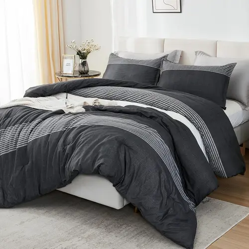 Litanika Contemporary King Size Comfy Bedding Set - 3-Piece Black White Grey Fluffy Down Alternative Duvet, Breathable Cooling, Gift-Ready Pack, Machine-Wash Easy, Wash & Tumble Dry