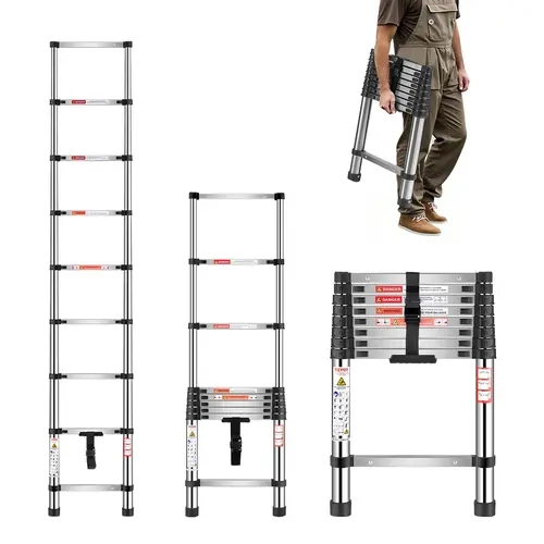 VEVOR 8.5 ft Stainless Steel Telescoping Extension Ladder - Portable Collapsible, Height-Adjust Retractable, Sturdy Compact Step Tool, Stainless Steel Resists Daily Wear, Home & Commercial Ready, 330 lbs Capacity