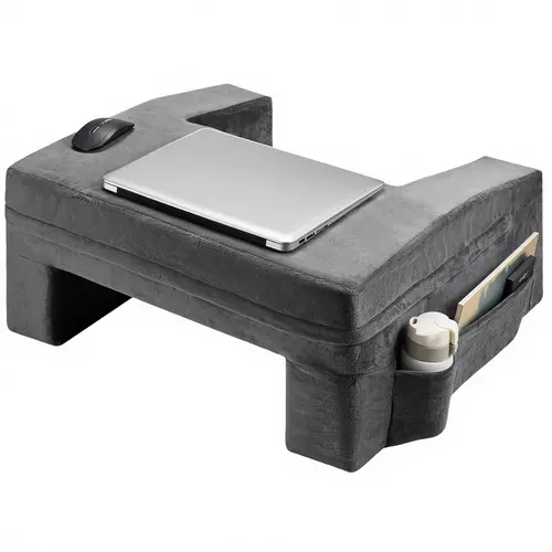VEVOR Memory Foam Backrest Pillow with 24x11 in Back Extender Reading Support, Washable Fleece Exterior, 3 Pockets Keep Phone & Remotes Handy, Cup Holder, Arm Support, Grey for Reading & Work