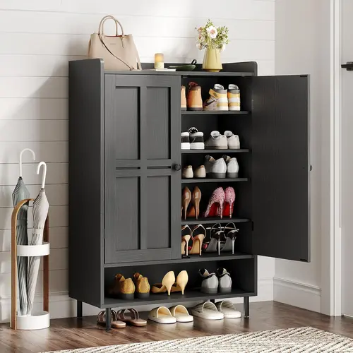 【Up to 24 Pairs & Adjustable Shelves】ONBRILL 7+1 Tier Farmhouse Shoe Storage Cabinet, 45'' Tall Modern Shoe Cabinet with Metal Legs, Shoes Rack Organizer Cabinet for Entryway, Front Door,Livingroom Bedroom Furniture,Christmas Gift【Black Friday】