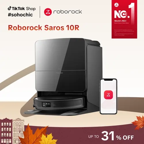 Roborock Saros 10R Cordless Robot Vacuum Cleaner - Multi Function Vacuuming & Mop Combo Vacuum, 3.14in Ultra Slim, Powerful Suction, 0-Tangling, FlexiArm Riser Tech, Corner-Edge Cleaning, Self-Emptying, Hot Air Drying, #TikTokShopFallDealsForYou