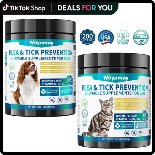 Woyamay Flea & Tick Chewable Supplements Combo Pack for Dogs & Cats - Natural Chicken Flavor, 400 Total Chews, 24 Months Shelf Life, Oil & Vitamin B, Daily Canine Wellness, Digestive Remedy, All Breeds, Skin Moisturizing, Shiny Coat Pet Supplies