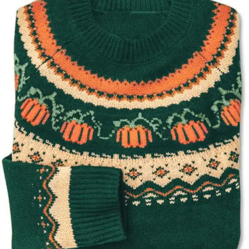 Women's Casual Round Neck Pumpkin Jacquard Knit Sweater, Halloween-Themed Fitted Jumper for Fall & Winter, Comfortable Knitwear