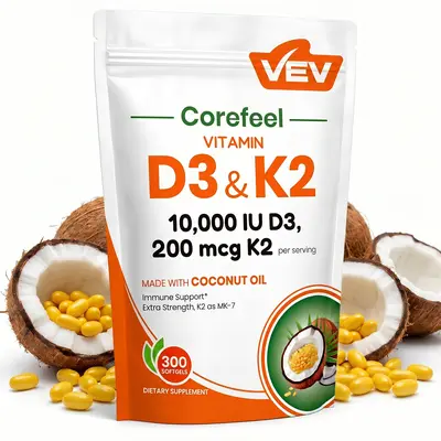 VEV Corefeel Vitamin D3 K2 10000 IU, 300 Virgin Coconut Oil Softgels, 2 in 1 Vitamins Supplement D & K, Dietary Supplemental Pack, Mothersdaygift, Summervibes, NSF Certified