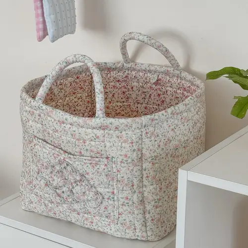 Quilted Cotton Floral Fabric Storage Basket - Laundry, Car Trunk/Backseat Organizer for Clothes, Toys, Blankets - Machine Washable, Large Capacity, Woven, Decorative Household Item for Storage Organization