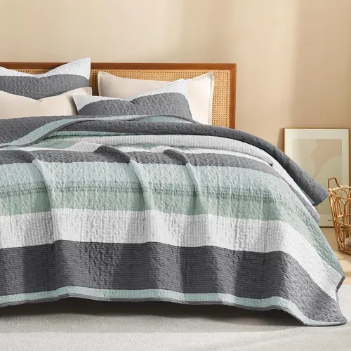 【Deals For You Days】Litanika 3-Piece Quilt Set - Lightweight & Breathable Summer Bedspread (Sage Green/More Colors) Striped Bedding Set Microfiber Bedding Set