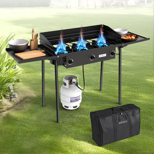 ROVSUN 3-Burner Cast Iron Propane Gas Stove - Portable Outdoor Cooking Supplies, Windproof Camping Stove, Wind-Panel Shield, Side Shelf, Carry-Bag Ready, CSA Listed Regulator, Adjustable Flame, 225000BTU Camping Gear for Patio Use