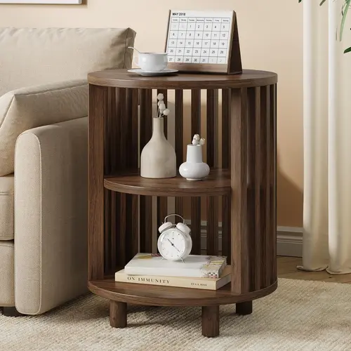 【Black Friday】ONBRILL Round End Table, Wood Bedside Table, Mid Century Modern Nightstand with Open Storage Shelf, 3 Tier Small Side Tables for Living Room, Bedroom, Curved Profile Design, Natural Oak(2-Pack)