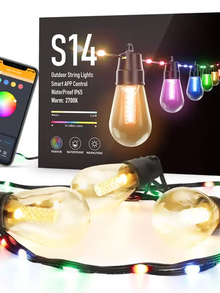 FLACCHI Smart Outdoor Patio String Lights - 46ft S14 Waterproof Shatterproof Bluetooth APP Remote Control Dimmable RGB & Warm White Light, for Backyard Decor, Garden Accessories, Home & Outdoor Use