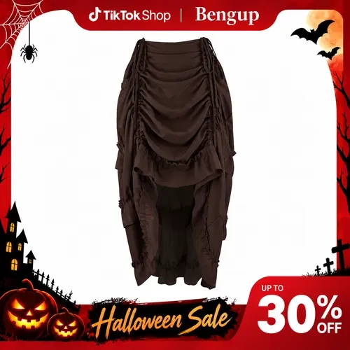 Women's Asymmetrical High-Low Ruffle Flowy Bottom Skirt - Victorian Medieval Renaissance Style, Steampunk Alt Lady Special Clothing, Halloween Costume, Women's Halloween, Elastic Waist, Black 6388-live-1