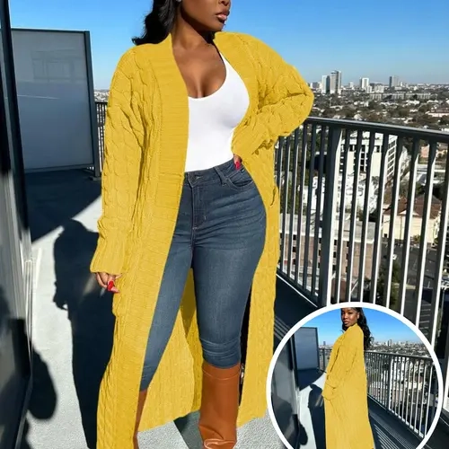USBoutique Chic Women's Solid Drop Shoulder Pocket Cable Knit Cardigan, Long Cardigan Tops Womenswear, Cardigans for Women, Casual Long Sleeve Open Front Knitwear for Fall & Winter, Women's Knitwear for Daily Wear, Drop Shoulder Cardigan