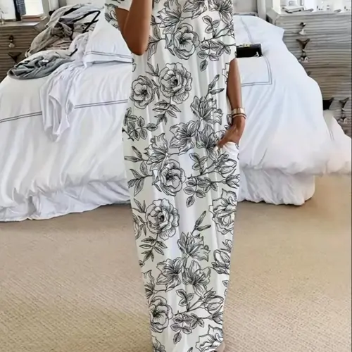 Women's Floral Print Batwing-Sleeve Nightgown with Pocket, Comfortable Loose-Fit Printed Nightdress for Home & Sleep, Fashionable Nightwear & Loungewear, Casual Home Sleepwear