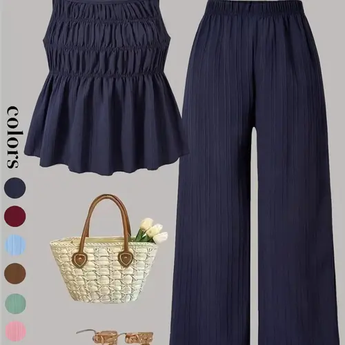 Two-Piece Set Women's Solid Color Cami Top & Wide Leg Pants Set, Street Fashion Casual Outfits for Daily Outdoor Wear, Ladies Clothes for All Seasons