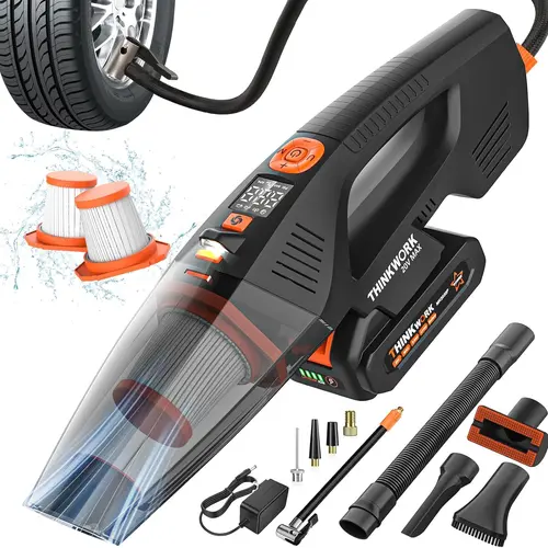 THINKWORK 20V Car Vacuum & Air Compressor, Dual Function High Power Handheld Cordless Vacuum with 18000pa Suction Power for Car Cleaning, Household Dust Removal, Inflation